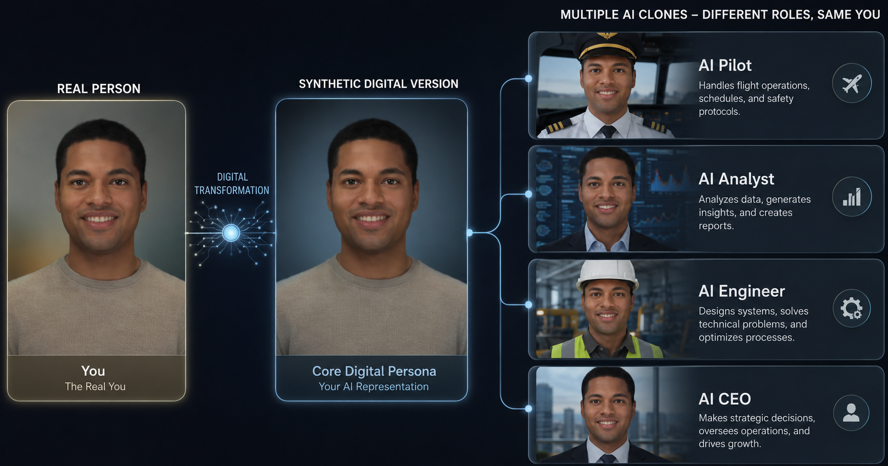 Persona cloning — a real person is transformed into a synthetic digital version, then deployed as multiple AI clones in different roles: AI Pilot (flight operations, schedules, safety), AI Analyst (data, insights, reports), AI Engineer (systems, technical problems, optimization), and AI CEO (strategy, operations, growth).